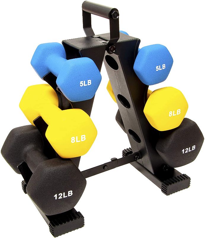 Photo 1 of  ( BOTH 12LB MISSING )BalanceFrom Colored Neoprene Coated Dumbbell Set with Stand
