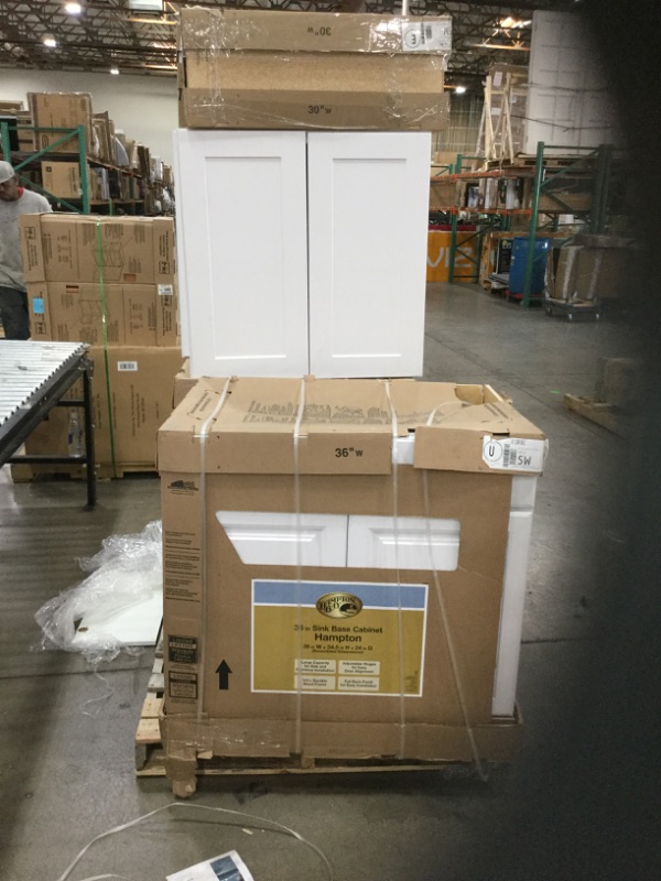 Photo 6 of ***SOLD AS WHOLE PALLET ONLY *** NO RETURNS**NO REFUNDS*** MINOR CHIPPINGS*DOOR OFF A CABINET* LIKE NEW*
Hampton Bay
Hampton Satin White Raised KITCHEN CABINET SET (6 CABINETS)