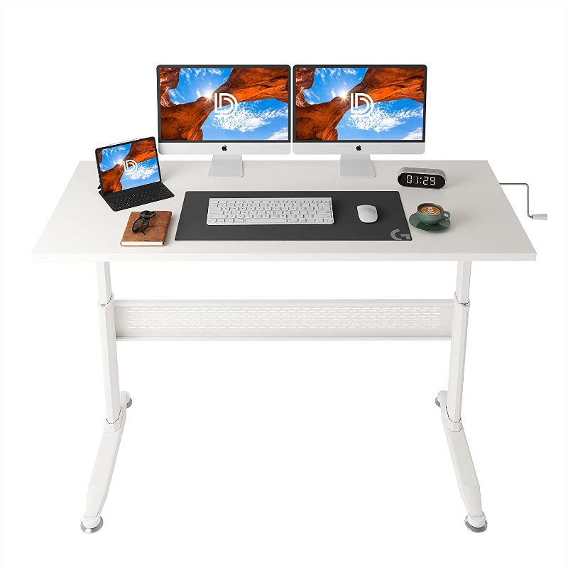 Photo 1 of DEVAISE Adjustable Height Standing Desk, 55 Inch Sit Stand Up Desk Workstation with Crank Handle for Office Home, White
