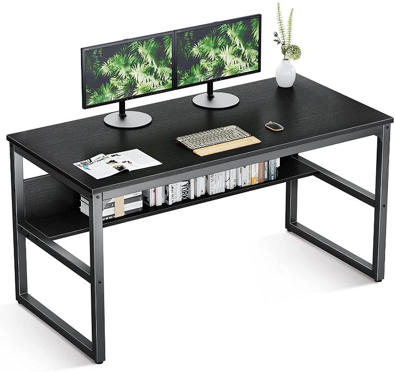 Photo 1 of Coleshome Computer Desk with Bookshelf, 47 inch Home Office Desk with Storage Shelf, Modern Simple Style Study Writing Desk Workstation, Black
