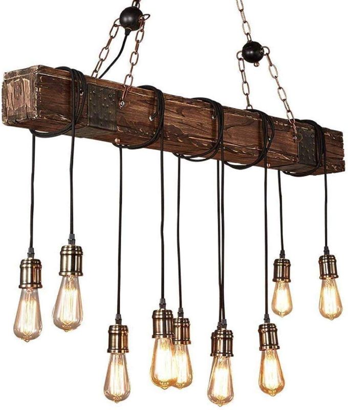 Photo 1 of 10-Lights Chandelier Wooden Retro Rustic Pendant Light - Industrial Suspension Light line can be Adjusted Freely - Distressed Wood Chandelier for Dining Table Vintage Kitchen, Bar, Island, Billiard.
