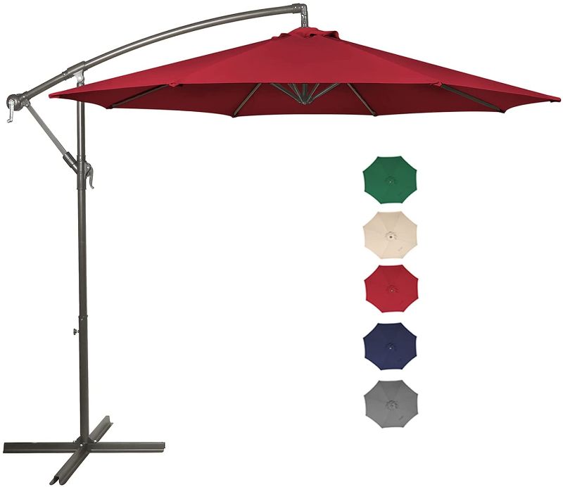 Photo 1 of 10 Ft Offset Patio Umbrella Outdoor Cantilever Market Hanging Umbrellas With Crank&Cross Base,8 Ribs(10 FT, Red)