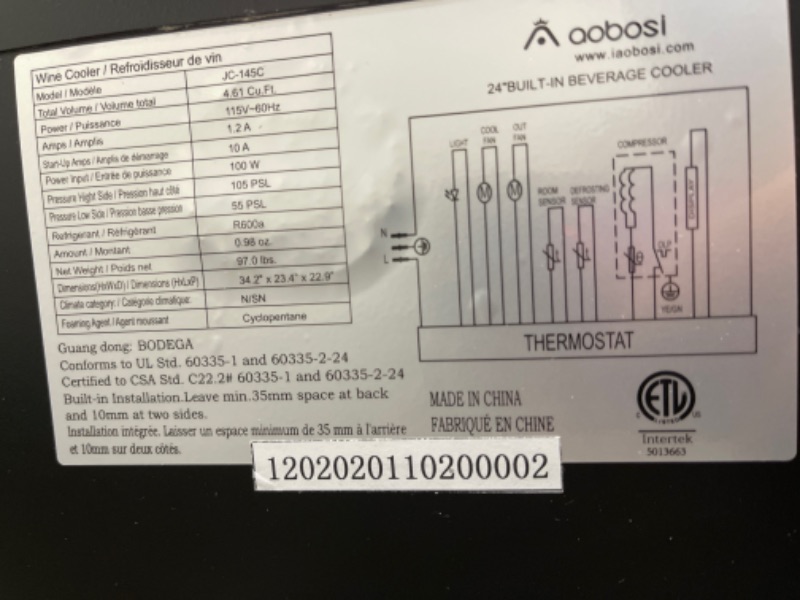 Photo 4 of AOBOSI 164 Cans (12 oz.) Built-In Beverage Refrigerator (Part number: AO-JC-145C-1-L)
