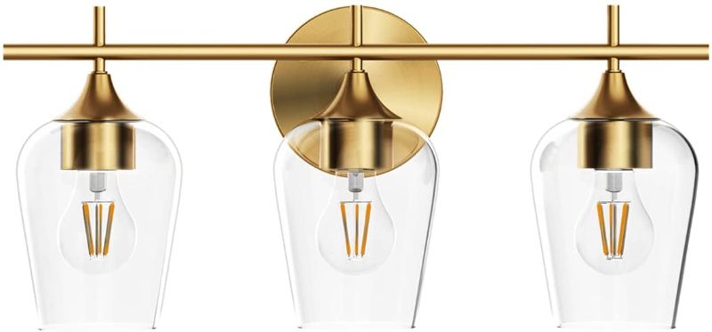 Photo 1 of Hamilyeah Bathroom Vanity Light Fixture Over Mirror, Gold Bathroom Light Fixtures Indoor, 3 Light Vanity Lighting Champagne Brass, Modern Wall Mount Lighting with Glass Shade Living Room,UL Listed
