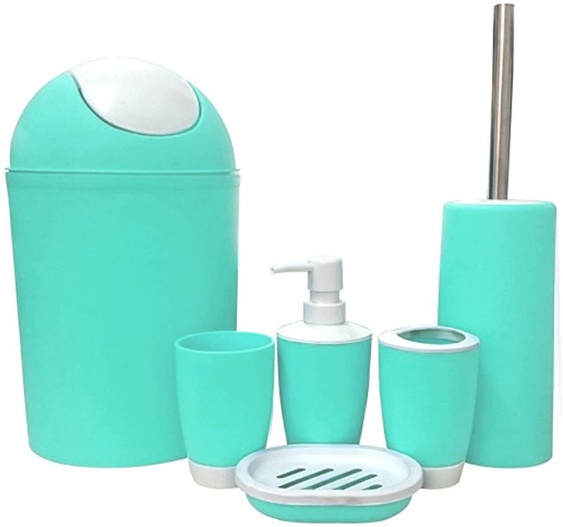 Photo 1 of Luckinget Bathroom Accessories Set 6 Pieces Plastic Bathroom Accessories Toothbrush Holder, Rinse Cup, Soap Dish, Hand Sanitizer Bottle, Waste Bin, Toilet Brush with Holder (Mint)
