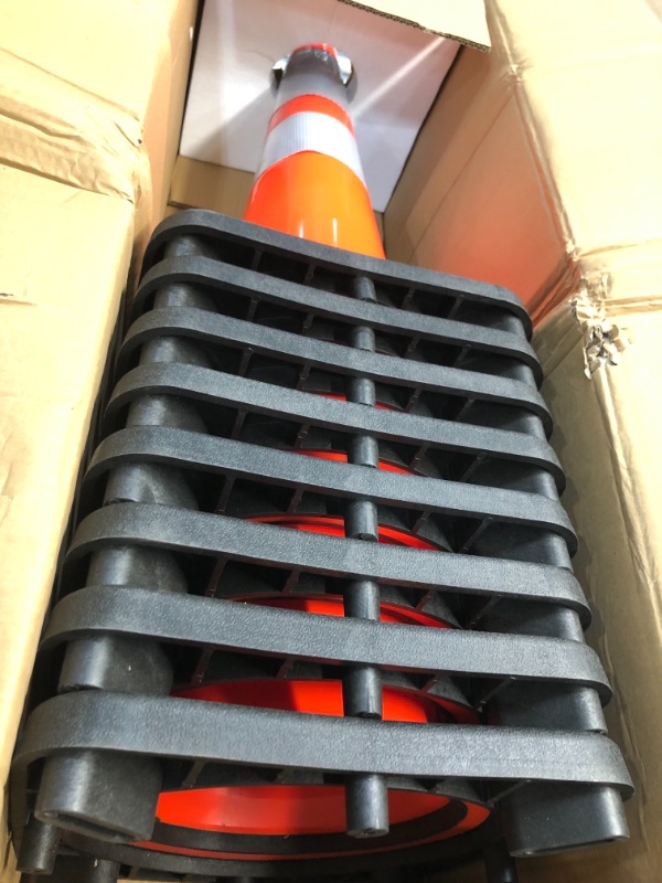 Photo 2 of (8 Cones) BESEA 28” inch Orange PVC Traffic Cones, Black Base Construction Road Parking Cone Structurally Stable Wearproof (28" Height)
