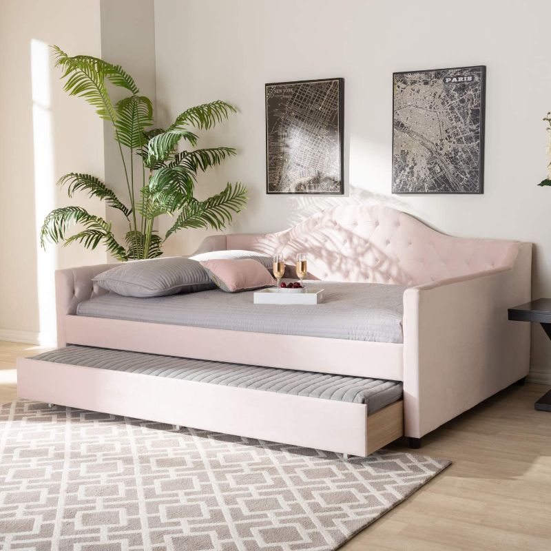 Photo 1 of Baxton Studio Perry Modern and Contemporary Light Pink Velvet Fabric Upholstered and Button Tufted Full Size Daybed with Trundle
INCOMPLETE SET: 1/4PCS SET, BOX 1 INCLUDED ONLY(HEADBOARD), BOXES 2, 3, AND 4 ARE NOT INCLUDED.