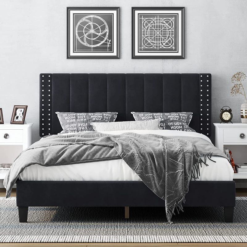 Photo 1 of ***HEADBOARD NOT INCLUDED*** HIFORT Full Bed Frame with Adjustable Headboard, Upholstered Platform Bedframe, Bedstead, Mattress Foundation, Wooden Slats Support, No Box Spring Needed, Easy Assembly - Black ***HEADBOARD NOT INCLUDED***
