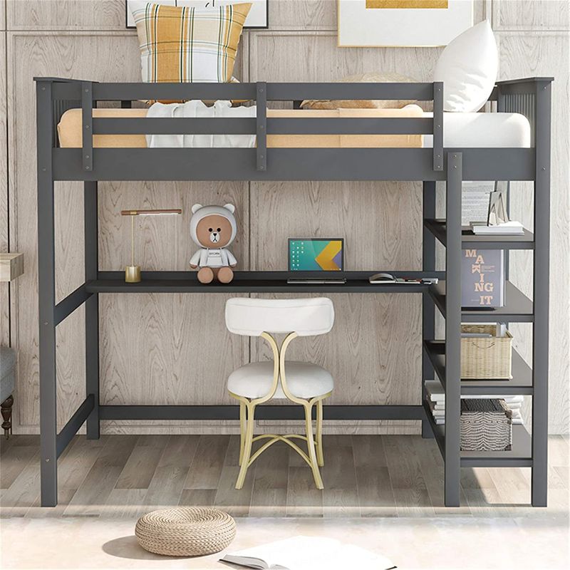 Photo 1 of  Loft Bed , Loft Bed with Desk and Storage Shelves, Wooden Full Size Loft Bed with Desk , No Box Spring Needed (Gray with Shelves )
