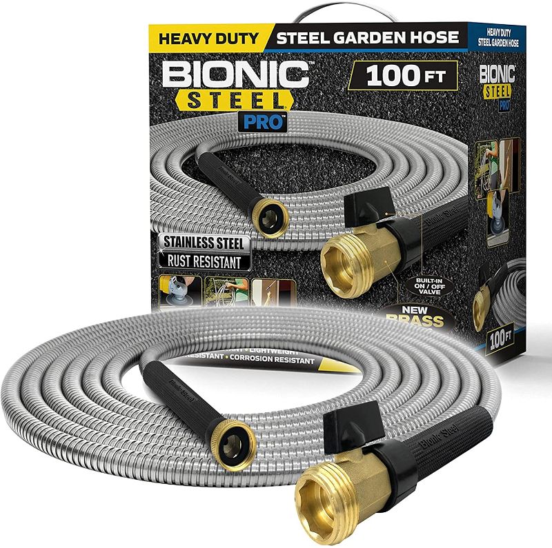 Photo 1 of Bionic Steel PRO Garden Hose - 304 Stainless Steel Metal 100 Foot Garden Hose – Heavy Duty Lightweight, Kink-Free, and Stronger Than Ever with Brass Fittings and On/Off Valve – 2021 Model
