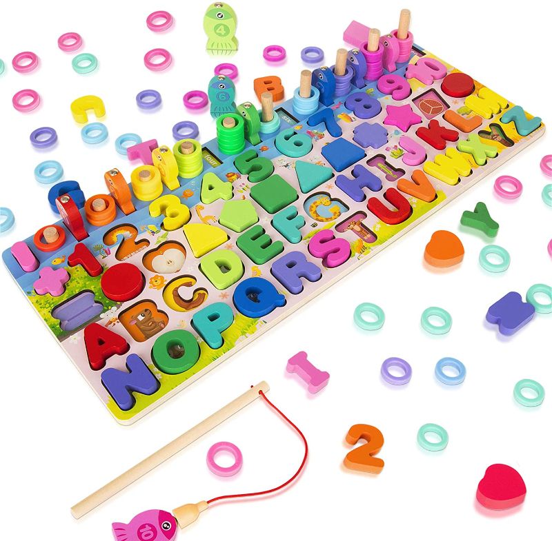 Photo 1 of 
Wooden Magnetic Puzzles for Toddlers, 5-in-1 Color Alphabet Shape Number Sorting Fishing Game Toys, Educational Math Stacking Block Learning Jigsaw Board,...