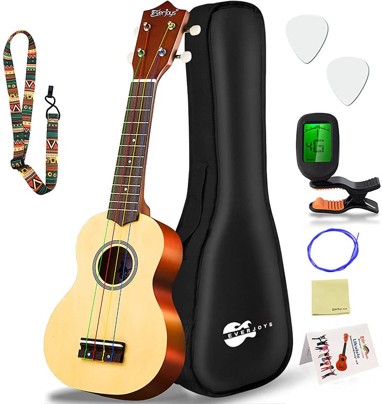 Photo 1 of 
Everjoys Soprano Ukulele Beginner Pack-21 Inch w/Rainbow String Free Online Lesson Gig Bag Fast Learn Songbook Digital Tuner Pick All in One Kit
Color: BLACK