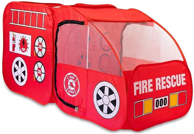 Photo 1 of 
Fire Truck Tent for Kids Toddlers Boys & Girls - Red Fire Engine Pop Up Pretend Playhouse for Indoors & Outdoors - Quick Set Up Weather Proof Fabric.