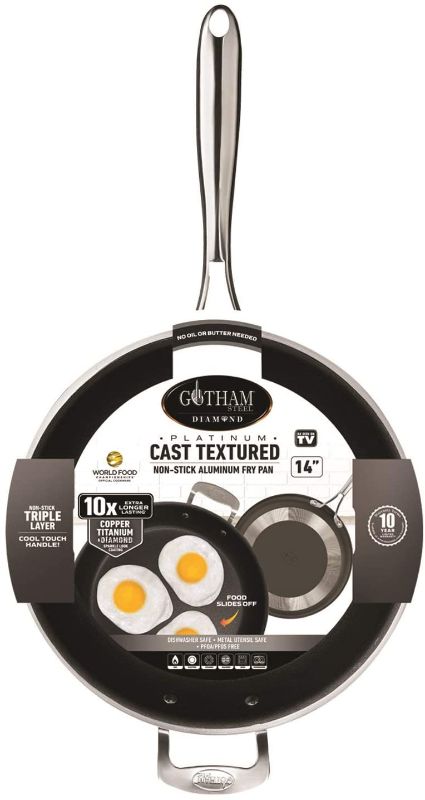 Photo 1 of 
Gotham Steel Platinum Cast Nonstick 14” Fry Pan Mineral and Diamond Triple Coated Surface, Dishwasher Safe, Family Sized Open Skillet, 100% PFOA Free
Style:14" Fry Pan
