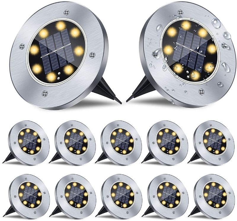 Photo 1 of 12 Pack Solar Ground Lights, LED Disk Lights Outdoor Waterproof Warm White Inground Landscape Lights for Patios Lawns Deck Gardens Pathways