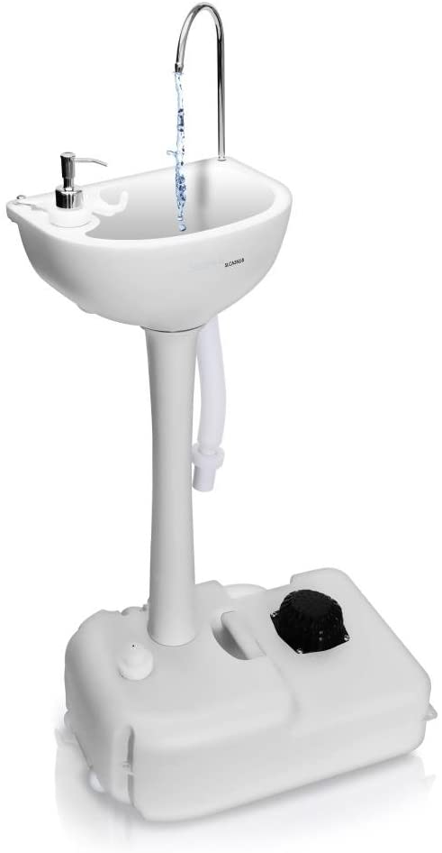 Photo 1 of SereneLife Portable Camping Sink w/ Towel Holder & Soap Dispenser - 19L Water Capacity Hand Wash Basin Stand w/ Rolling Wheels - For Outdoor Events, Gatherings, Worksite & Camping - SLCASN18,White