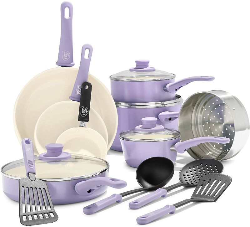Photo 1 of 
GreenLife Soft Grip Healthy Ceramic Nonstick, Cookware Pots and Pans Set, 16 Piece, Lavender
Color:Lavendar
