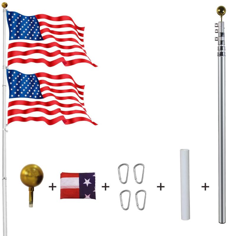 Photo 1 of 
YDisplay 25ft Telescoping Flag Pole Kit with 2 Flags,Golden Top Ball, Clips- Telescopic Flag Heavy Duty 16 Guard Alumium for Residential President's Day...
Size:25FT