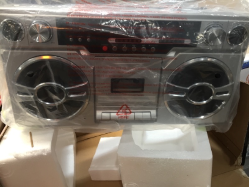 Photo 9 of Victrola 1980s Retro Bluetooth Boombox with Cassette Player and AM/FM Radio, Wired and Wireless Streaming, Classic 80s Style with Modern Technology, Silver
