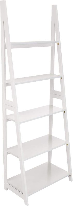 Photo 1 of Amazon Basics Modern 5-Tier Ladder Bookshelf Organizer with Solid Rubber Wood Frame, White