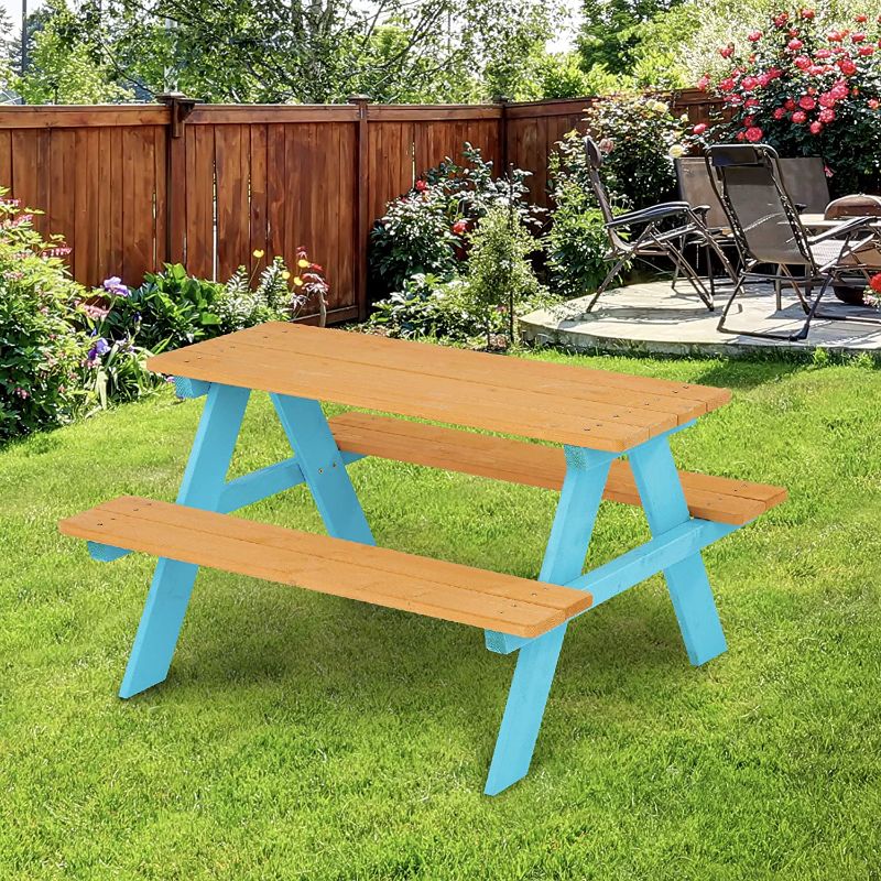 Photo 1 of Kids Outdoor Wood Rectangle Picnic Table - Turquoise - Teamson Kids