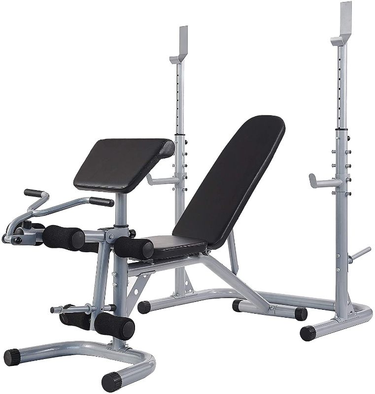 Photo 1 of BalanceFrom RS 60 Multifunctional Workout Station Adjustable Olympic Workout Bench with Squat Rack, Leg Extension, Preacher Curl, and Weight Storage, 800-Pound Capacity, Gray
MISSING HARDWARE.