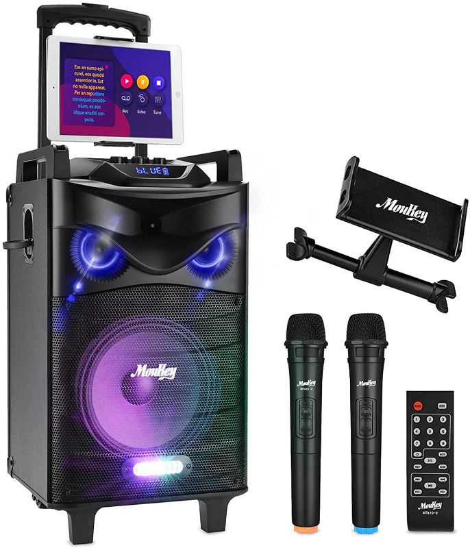 Photo 1 of Moukey Karaoke Machine Speaker,540W Peak Power Bluetooth 5.0 Karaoke System-PA Stereo with 10" Subwoofer,DJ Lights,2 Microphone,1 Tablet Holder,Rechargeable,Recording,MP3/USB/SD(RMS 160W to 540W Peak) MISSING POWER CORD.
