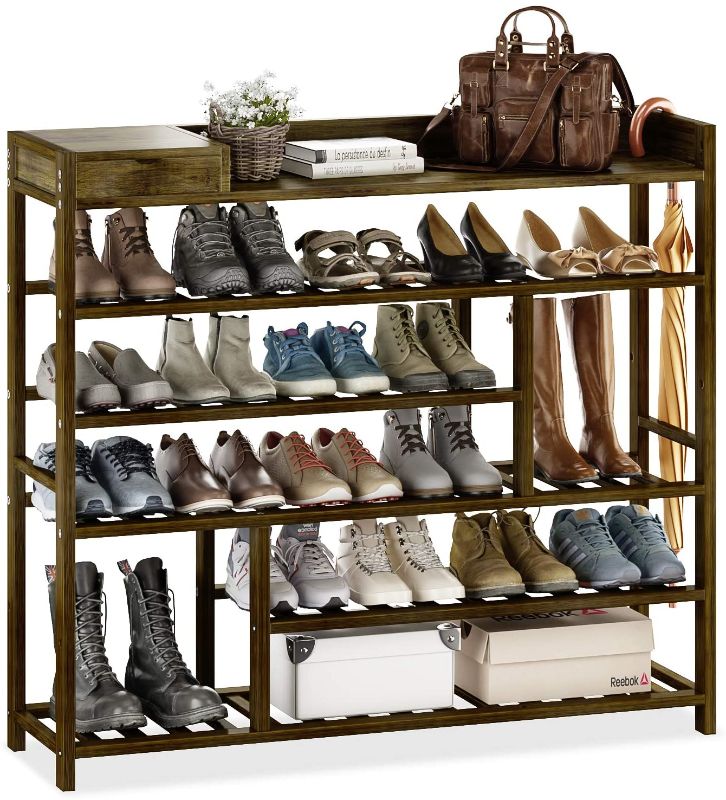 Photo 1 of Bamworld Shoes Rack Shelf Organizer Entryway 5 Tier Bamboo for 24 Pair Boots Footwear Book Flowerpots with Storage Box (Brown)
