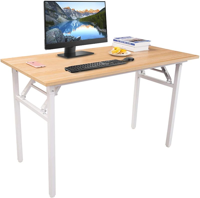 Photo 1 of Halter Home Office Desk, Computer Desk, Folding Table for Gaming, Studying or Writing, Teak Desk and White Metal Frame, 55 Inches
