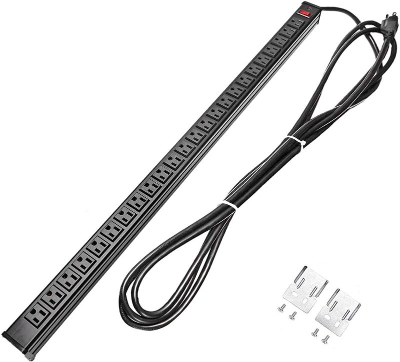 Photo 1 of BTU Rack Mount Power Outlet Surge Protector Power Strip 24 Outlet Heavy Duty Multi Plug Outlet Aluminum Socket with Smart Circuit Breaker and 15 Ft Long Cord (Black)