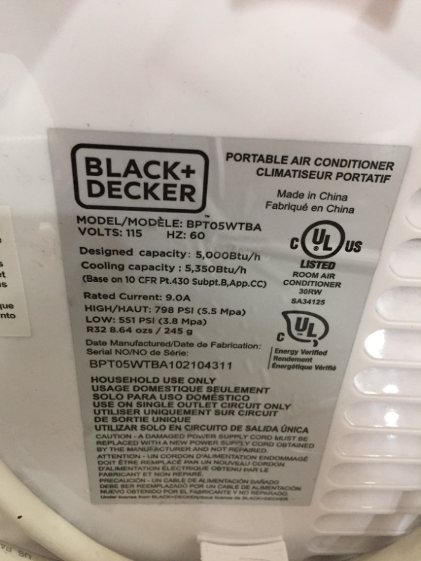 Photo 3 of BLACK+DECKER BPT05WTBA Portable Air Conditioner with Remote Control, 5,000 BTU SACC/CEC (8,500 BTU ASHRAE), Cools Up to 150 Square Feet, WhiteFollow Me Remote
