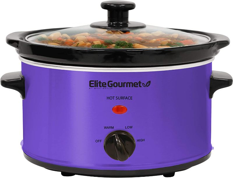 Photo 1 of Elite Gourmet MST-275XP Electric Oval Slow Cooker, Adjustable Temp, Entrees, Sauces, Stews & Dips, Dishwasher Safe Glass Lid & Crock (2 Quart, Purple)
