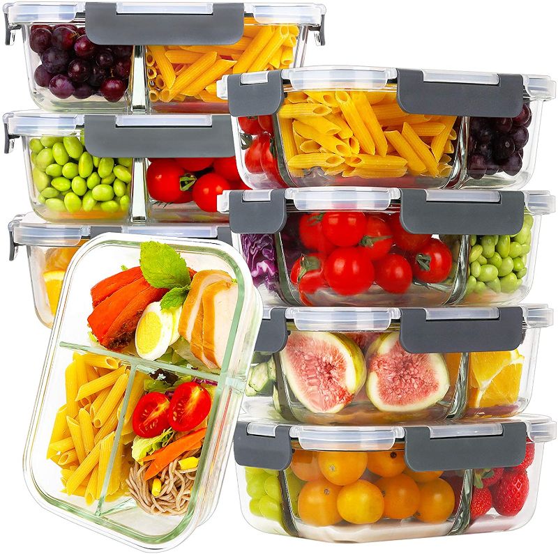 Photo 1 of Bayco 8 Pack Glass Meal Prep Containers 3 Compartment, Glass Food Storage Containers with Lids, Airtight Glass Lunch Bento Boxes, BPA-Free & Leak Proof (8 lids & 8 Containers) - Grey
