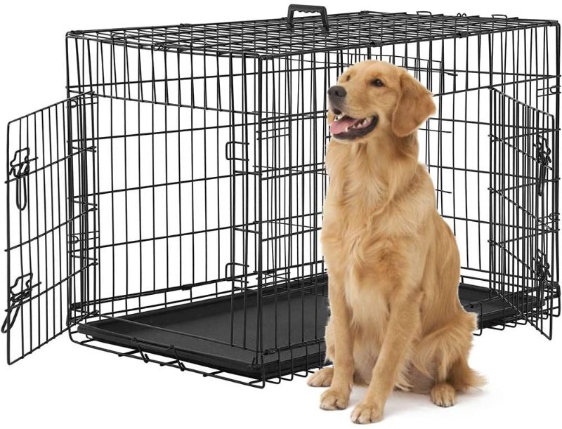 Photo 1 of 48 inch Large Dog Crate Kennel Metal Wire Indoor/Outdoor Double-Door Folding Dog Cage for Large Medium Puppy Dog Pet Crate with Plastic Tray and Handle

