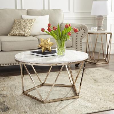 Photo 1 of 33" White Round Coffee Table with Geometric Base