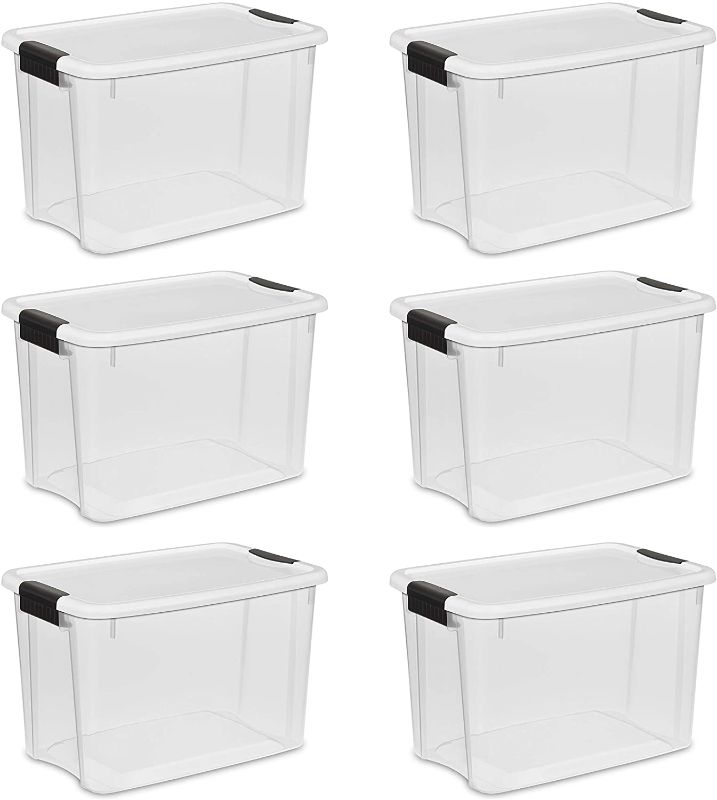 Photo 1 of 27 Liter Ultra Latch Box, Clear with a White Lid and Black Latches, 6-Pack