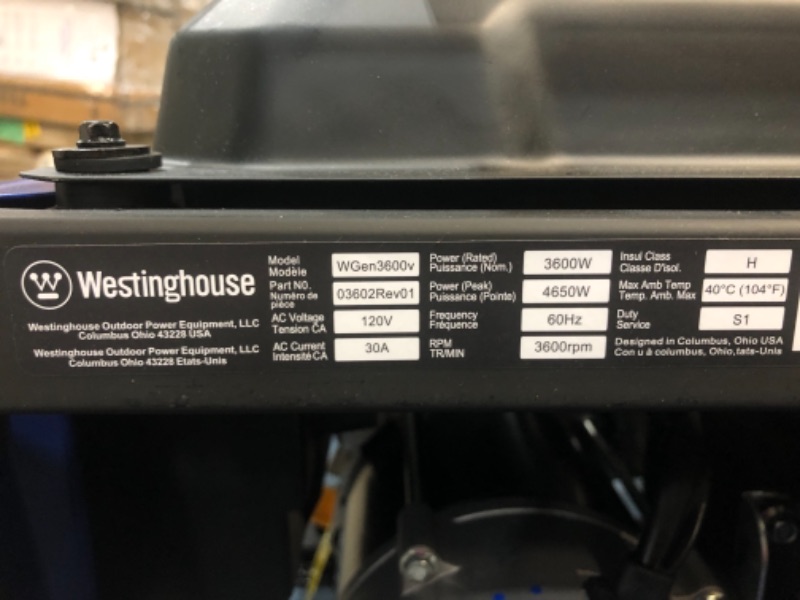 Photo 2 of Westinghouse Outdoor Power Equipment WGen3600v Portable Generator 3600 Rated and 4650 Peak Watts, RV Ready, Gas Powered, CARB Compliant