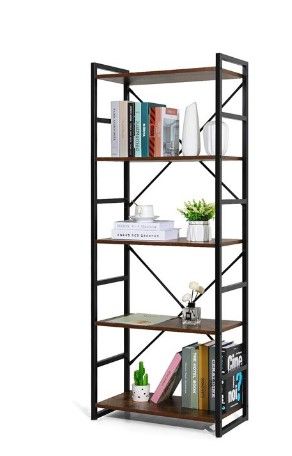 Photo 1 of 5-Tier Tall Bookcase Rustic Wood and Metal Standing Bookshelf Industrial Vintage Book Shelf Unit Open Back Modern Office Bookcases
