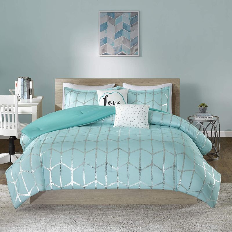 Photo 1 of Intelligent Design Raina Comforter Microfiber Metallic Print Geometric Design Embroidered Toss Pillow Modern Trendy Casual All Season Bedding Set Matching Sham, Full/Queen, Aqua/Silver 5 Piece
