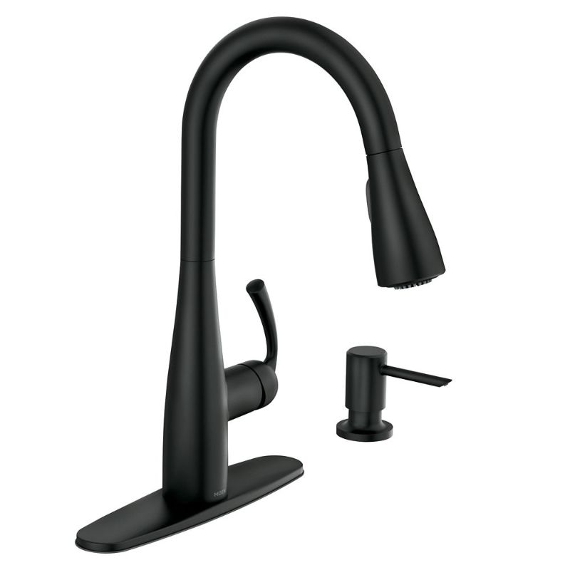 Photo 1 of MOEN Essie Single-Handle Pull-Down Sprayer Kitchen Faucet with Reflex and Power Clean in Matte Black factory defect. base is shiny instead of matte black.
