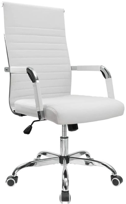Photo 1 of Furmax Ribbed Office Desk Mid-Back PU Leather Executive Conference Task Adjustable Swivel Chair with Arms, White
