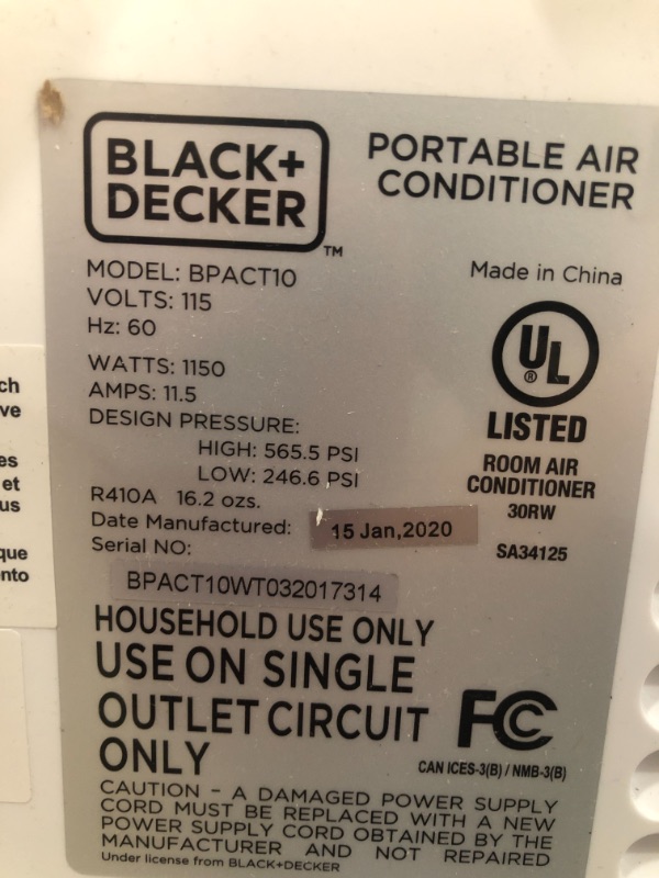 Photo 2 of Black+decker BPACT10WT 10,000 BTU Portable Air Conditioner with Remote
*PREVIOUSLY OPENED, USED*