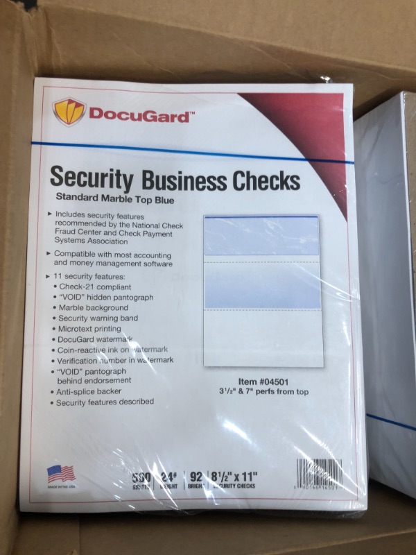 Photo 1 of DocuGard Standard 8.5"W x 11"H Security Check on Top Paper, Blue, 500/Ream (04501)
(4 PACK)
PREVIOUSLY OPENED