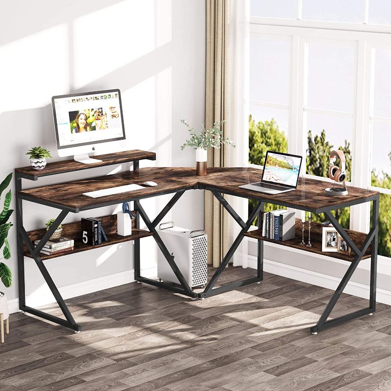 Photo 1 of Tribesigns L Shaped Desk with Shelves, K-Frame Corner Computer Desk Office L Desk with Monitor Shelf, Large PC Laptop Study Writing Table Workstation for Home Office and Gamer (WHITE), ACTUAL DESK IS A DIFFERENT COLOR
PREVIOUSLY USED