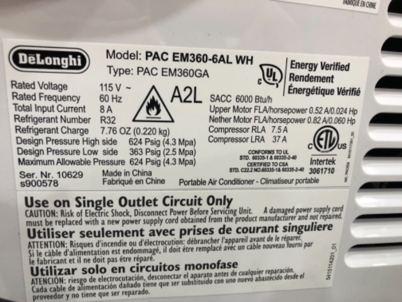 Photo 5 of De'Longhi 11500 BTU Portable Air Conditioner, Dehumidifier & Fan + Quiet Mode & Includes Window Kit + Remote Control, 500 sq ft, Large Room, Pinguino 6700 (DOE), White
PREVIOUSLY OPENED
