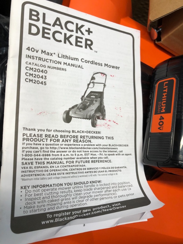 Photo 4 of Black & Decker CM2043C 40V MAX Brushed Lithium-Ion 20 in. Cordless Lawn Mower Kit with (2) Batteries (2 Ah
*PREVIOUSLY OPENED AND USED
ACTUAL LAWN MOWER DIFFERENT COLOR FROM STOCK PHOTO