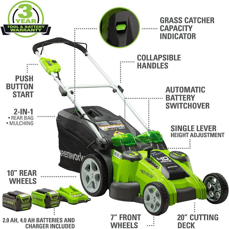 Photo 1 of Black & Decker CM2043C 40V MAX Brushed Lithium-Ion 20 in. Cordless Lawn Mower Kit with (2) Batteries (2 Ah
*PREVIOUSLY OPENED AND USED
ACTUAL LAWN MOWER DIFFERENT COLOR FROM STOCK PHOTO