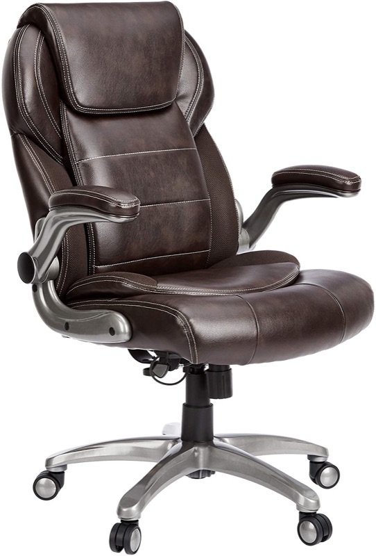 Photo 1 of AmazonCommercial Ergonomic High-Back Bonded Leather Executive Chair with Flip-Up Arms and Lumbar Support, Brown