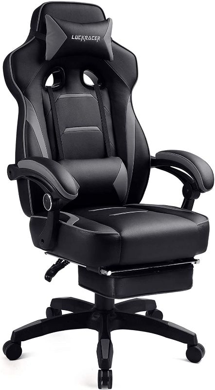 Photo 1 of Luckracer Gaming Chair with Footrest Office Desk Chair Ergonomic Gaming Chair Pu Leather High Back Adjustable Swivel Lumbar Support Racing Style Esports Gamer Chairs Gray