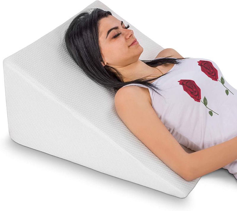 Photo 1 of Bed Wedge Pillow with Memory Foam Top - Reduce Neck and Back Pain, Snoring, Acid Reflux and Respiratory Problems - Ideal for Sleeping, Reading, Rest or Elevation - Breathable and Washable Cover - 12in